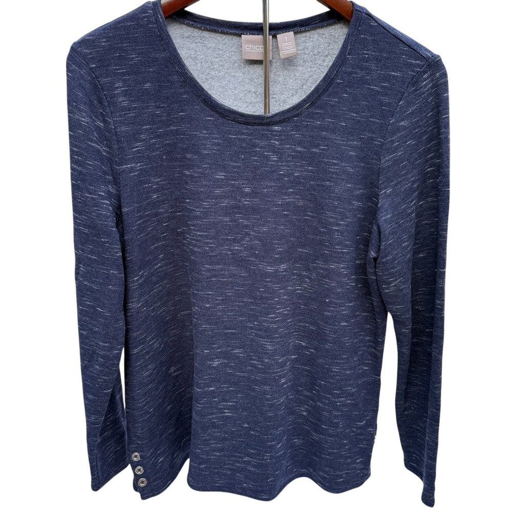 Chico's Top Women Size 1 (M/8-10) Long Sleeve Knit Navy Heathered Button Hem